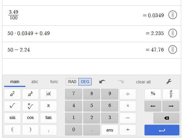 Manual PayPal Checkout fee calculation for a $50 payment showing a $2.24 rounded fee and $47.76 net received.