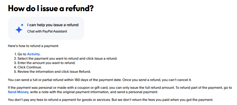 PayPal refund policy explaining that issuing a Goods and Services refund is free but original payment processing fees are not returned.