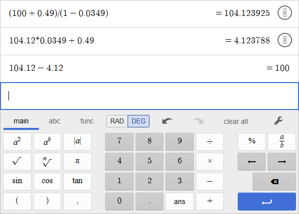 Reverse PayPal Checkout fee calculation showing that a $104.12 payment leaves $100 after a rounded $4.12 fee.