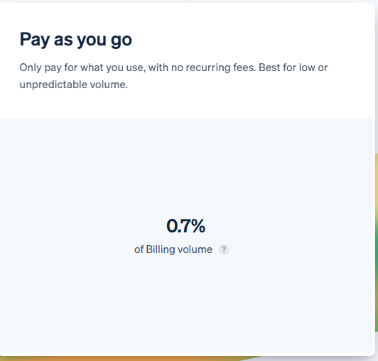 Stripe Billing Pay as you go pricing showing a 0.7% charge on Billing volume with no recurring subscription fee.