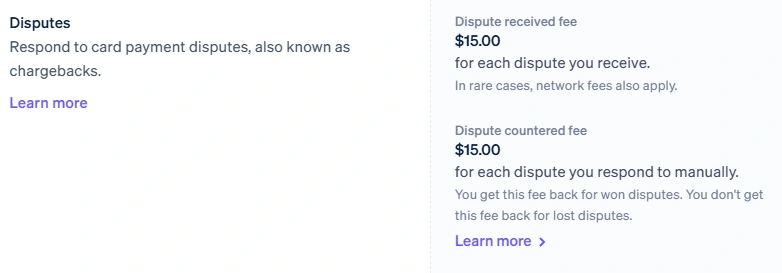 Stripe US dispute pricing showing a $15 dispute received fee and a $15 manual countered fee refunded when the dispute is won.