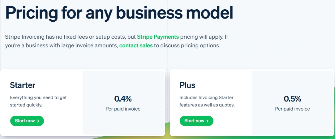 Stripe Invoicing pricing showing Starter at 0.4% and Plus at 0.5% per paid invoice, with Stripe Payments fees charged separately.
