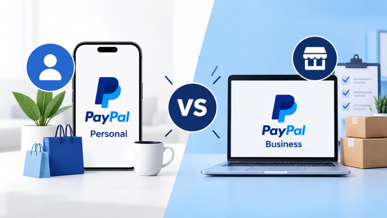 PayPal Personal vs Business Account comparison showing personal payments and business payment tools.
