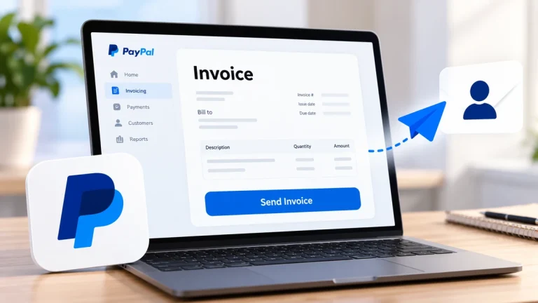 How to send an invoice on PayPal – Illustration of a PayPal invoice form on a laptop with a Send Invoice button and digital delivery icon.