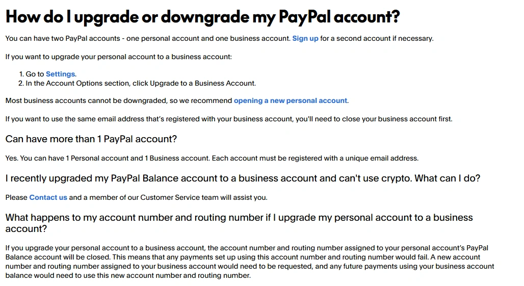 PayPal account upgrade and downgrade instructions showing Business account restrictions and warnings about personal account and routing numbers.