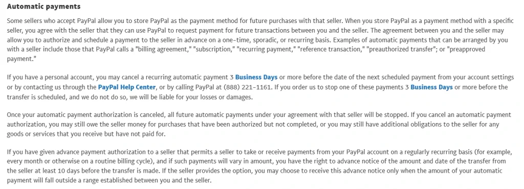 PayPal automatic payments policy showing the three-business-day cancellation rule and ten-day advance notice