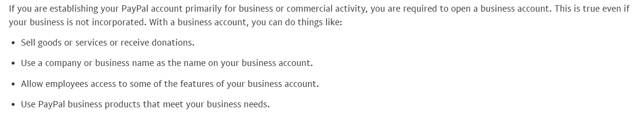 PayPal US User Agreement requiring a Business account for primarily commercial activity, even when the business is not incorporated.