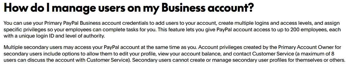 PayPal Business account user management guidance explaining separate employee logins, access permissions, and support for up to 200 users.
