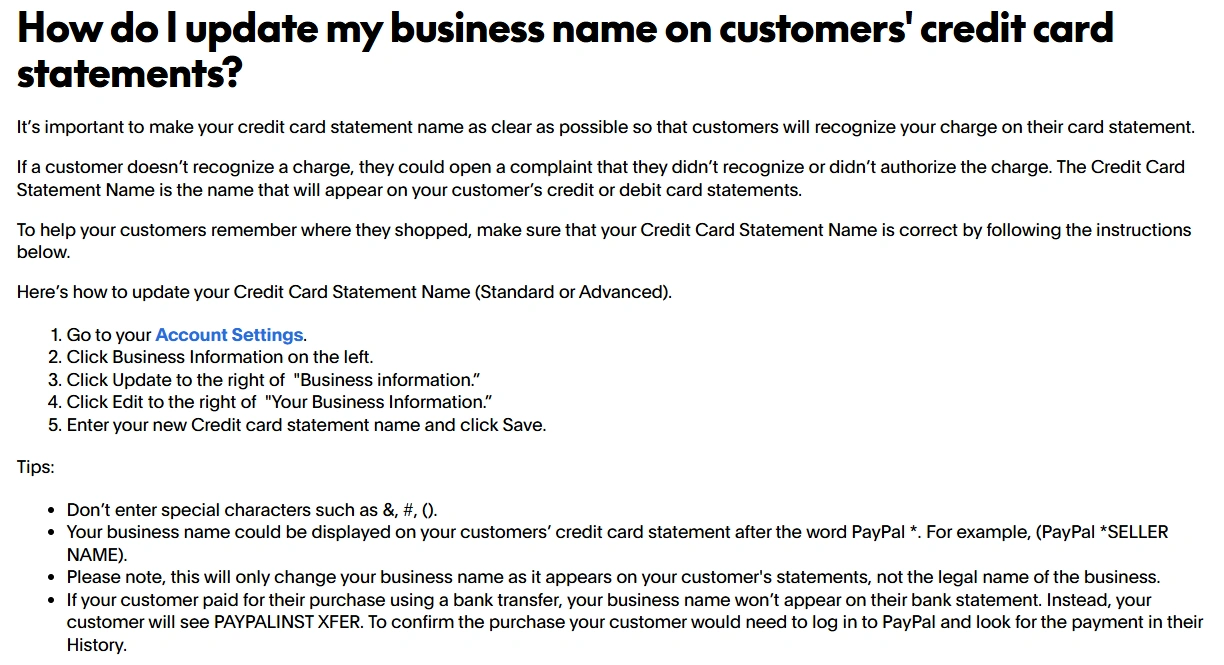 PayPal instructions for updating a business name on customers' credit card statements without changing the legal business name.