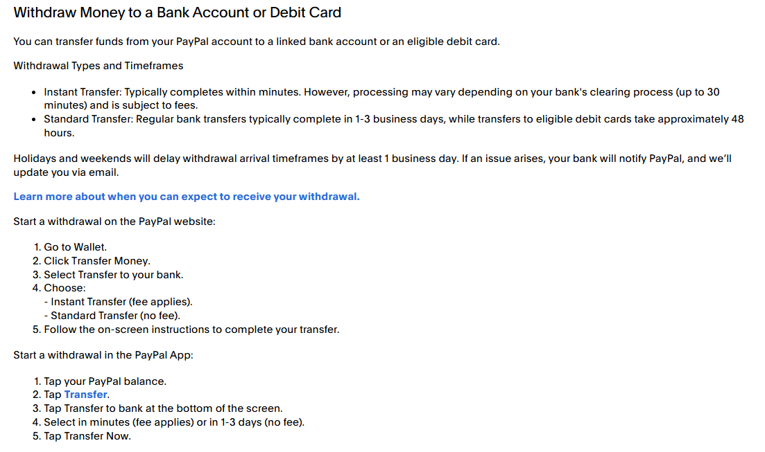 PayPal instructions for choosing Instant or Standard Transfer on the website and app, including withdrawal steps, fees, and estimated arrival times.