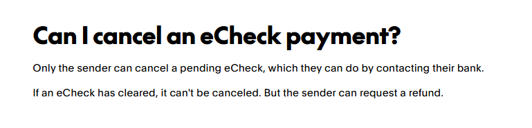 PayPal eCheck cancellation instructions explaining that the sender must contact their bank to cancel a pending eCheck and request a refund after clearance.