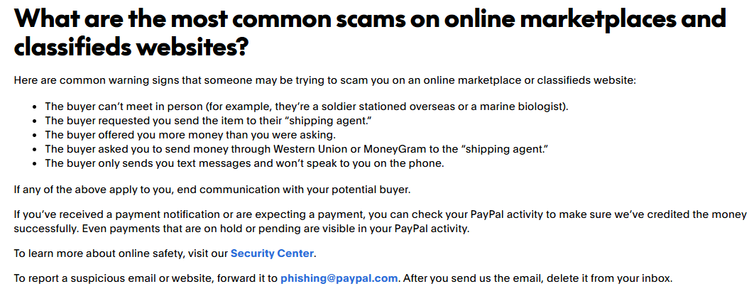 PayPal marketplace scam guidance explaining that Pending and On Hold payments appear in Activity and warning sellers about fake payment notifications.
