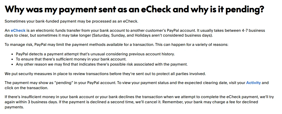PayPal guidance explaining why a bank-funded payment may become a pending eCheck, including risk checks, clearing times, and bank decline retries.