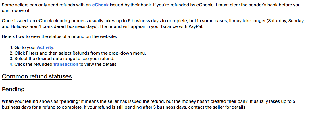 PayPal eCheck refund guidance explaining bank clearing times of up to five business days, pending refund status, and how to check refunds in Activity.