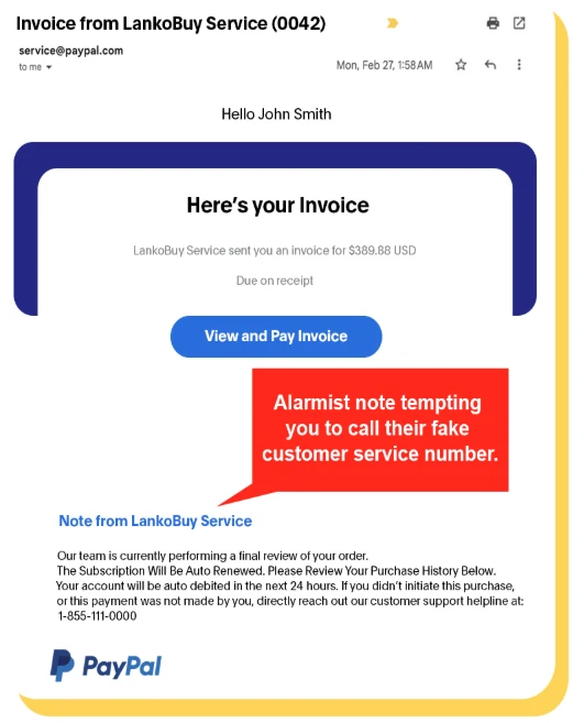 Example of a suspicious PayPal invoice email containing a fake customer support warning