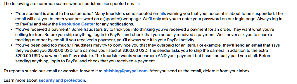 PayPal warning about fake payment confirmation emails and overpayment scams, advising sellers to verify transactions in PayPal Activity.