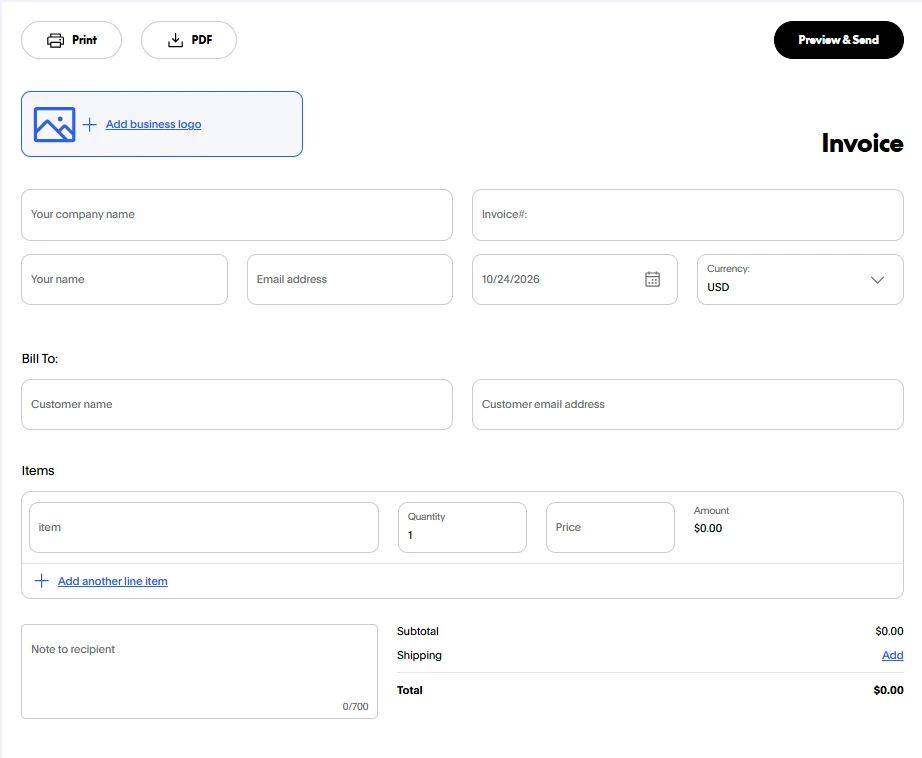 PayPal free invoice generator showing seller details, customer information, invoice items, quantity, price, and total