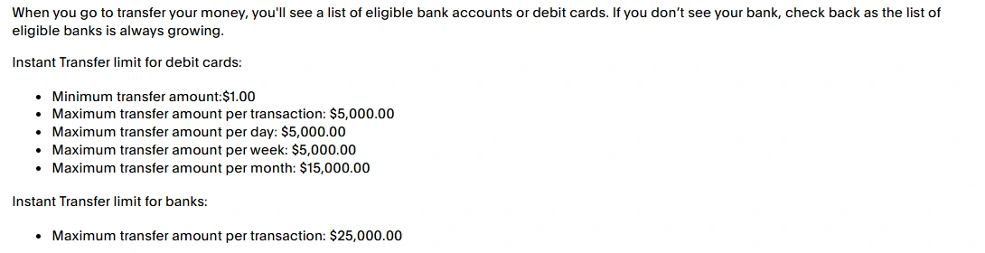 PayPal Instant Transfer eligibility and limits showing eligible bank accounts, debit card withdrawal limits, and a $25,000 bank transfer maximum.