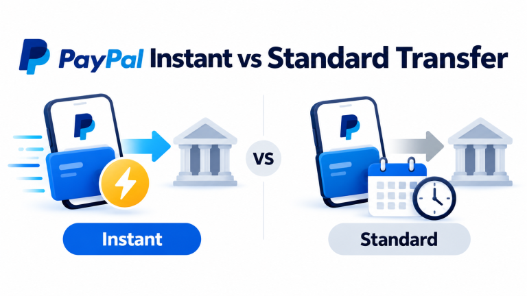 PayPal Instant vs Standard Transfer comparison showing a fast bank transfer and a standard transfer with a calendar and clock.