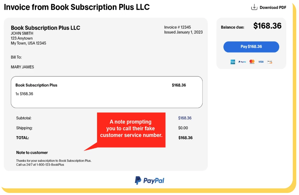 Example of a fraudulent PayPal invoice containing a fake customer support phone number