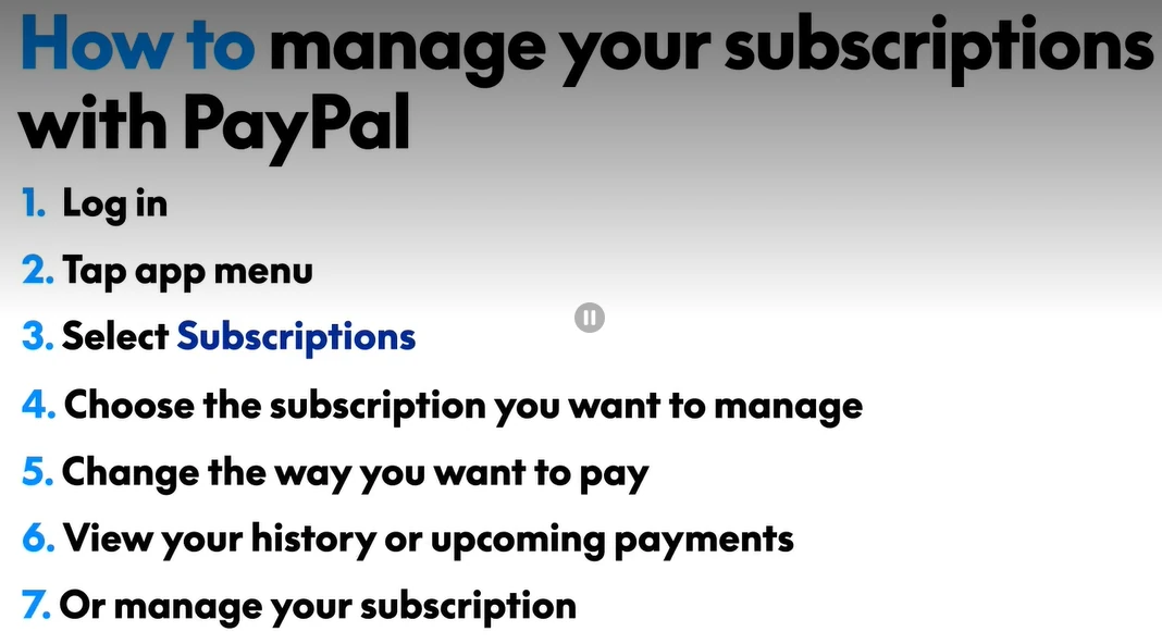 PayPal tutorial showing seven steps to find and manage subscriptions in the app