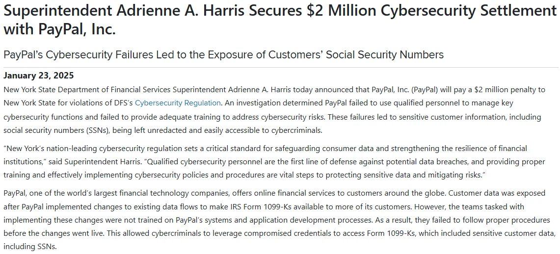 New York DFS announcement of the $2 million PayPal cybersecurity settlement on January 23, 2025