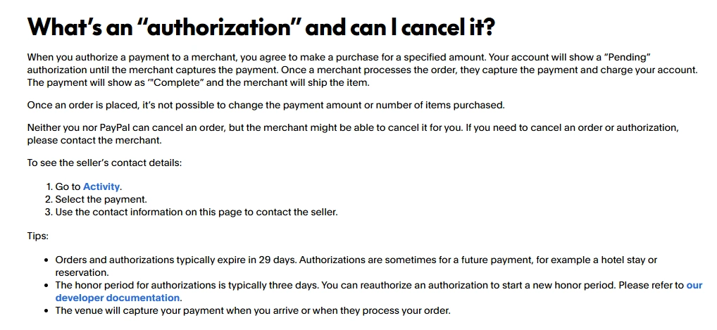 PayPal pending authorization guidance explaining merchant cancellation, transaction details, and the typical 29-day expiration period.
