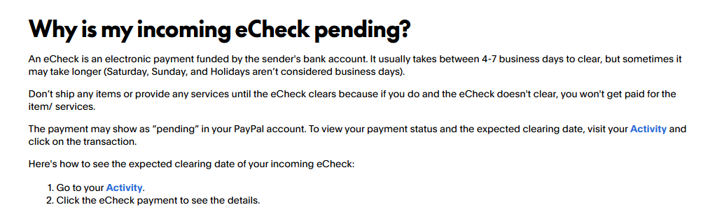 PayPal Pending eCheck guidance showing a typical 4–7 business day clearing period and warning sellers not to ship before payment clears.