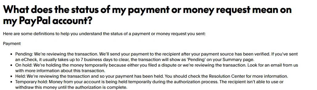 PayPal payment status guide explaining the differences between Pending, On hold, Held, and Temporary hold.