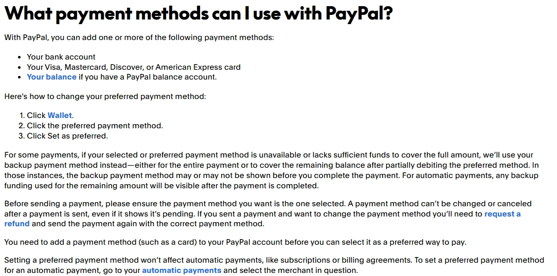 PayPal guidance explaining that a payment's funding method cannot be changed after sending, even while pending, and how to set a preferred payment method.