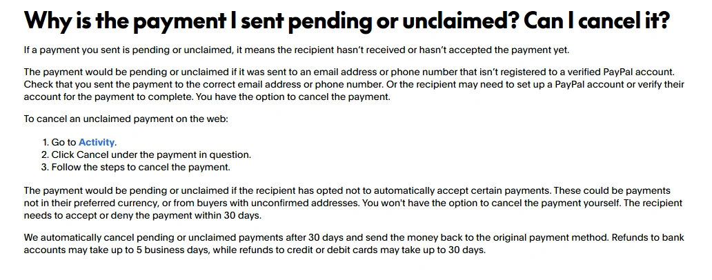 PayPal instructions for canceling Pending or Unclaimed payments, including when cancellation is unavailable and the 30-day automatic cancellation rule.