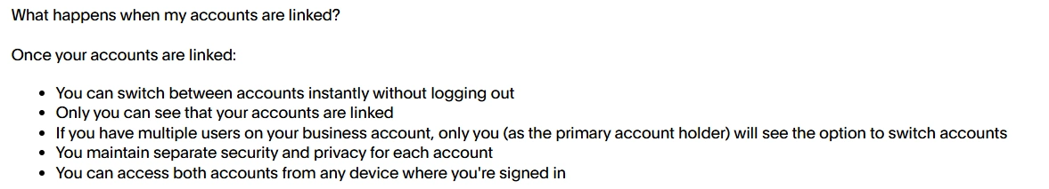 PayPal guidance explaining how linked Personal and Business accounts allow instant switching while maintaining separate security and privacy.