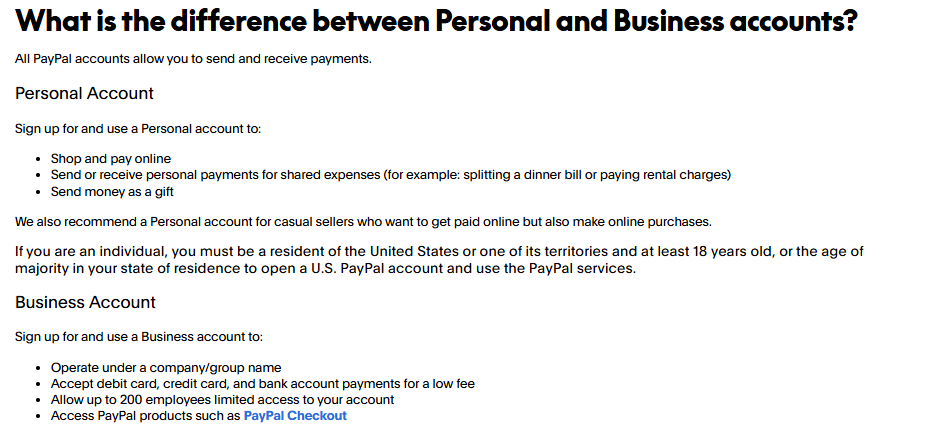 PayPal official comparison of Personal and Business accounts, showing personal payments, casual selling, business names, employee access, and Checkout features.