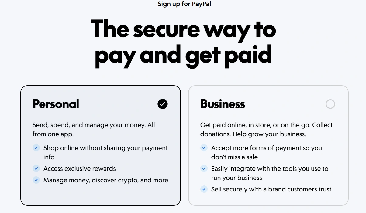 PayPal sign-up page showing Personal and Business account options
