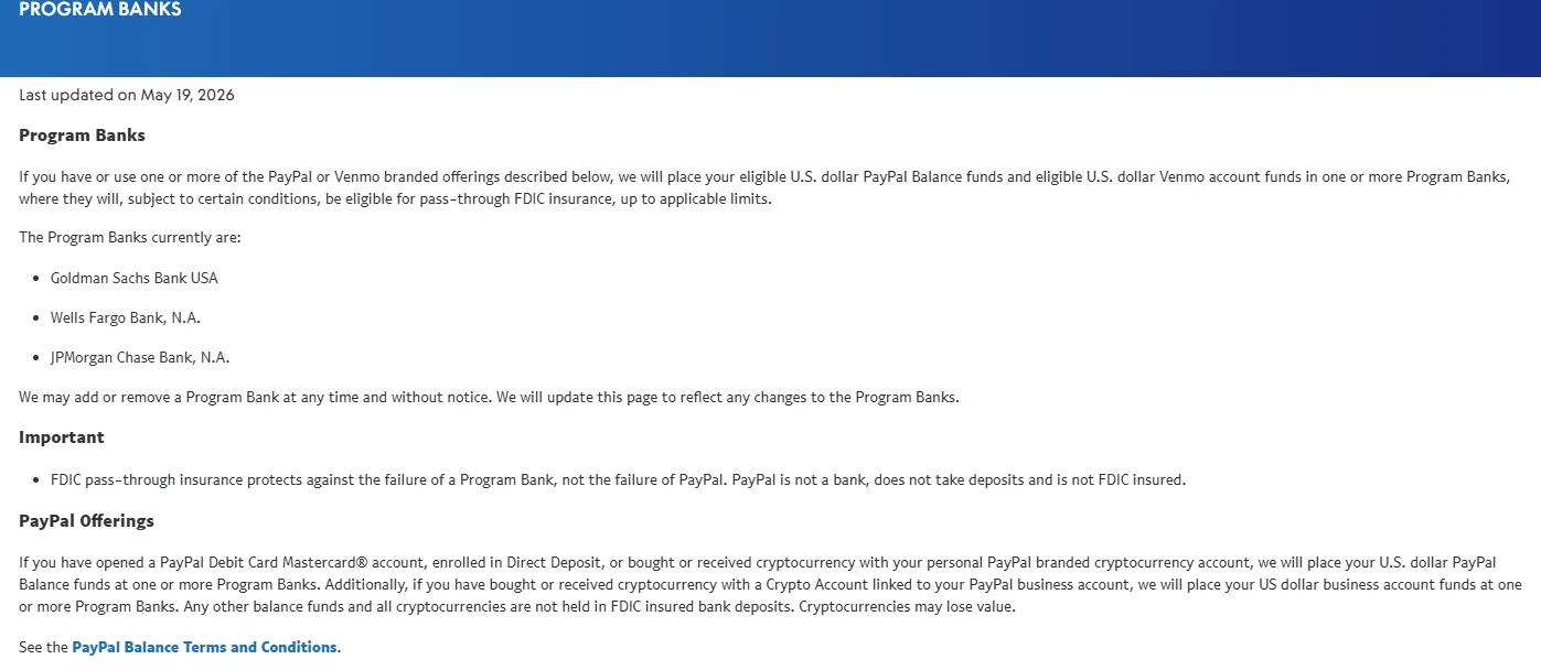 PayPal Program Banks page explaining FDIC pass-through insurance eligibility and its limitations