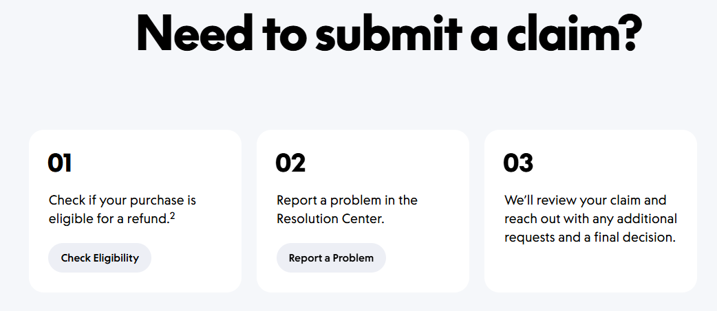 PayPal Purchase Protection showing three steps to check eligibility, report a problem, and review a claim