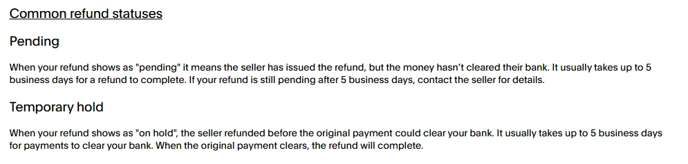 PayPal refund status guidance explaining Pending and Temporary hold, including bank clearing conditions and typical processing times.