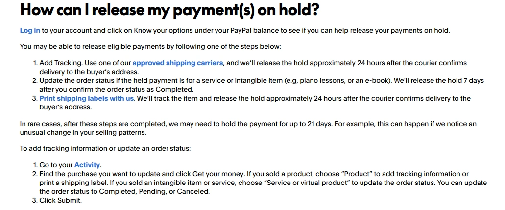PayPal instructions for releasing eligible held payments using shipment tracking or completed service status, including release timelines and conditions.