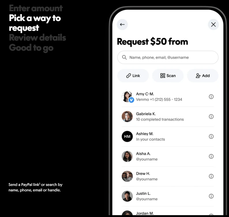 PayPal app showing how to request money using a payment link, QR code, or contact