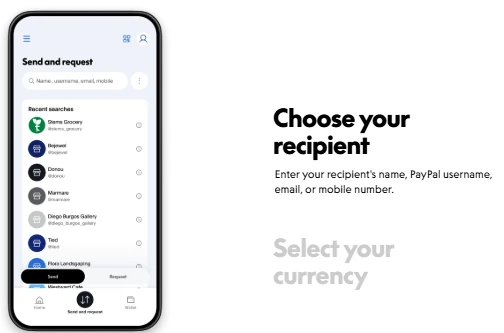PayPal app showing how to choose a recipient when sending money