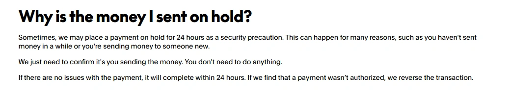 PayPal security hold guidance explaining the possible 24-hour review of sent payments and what happens after verification.