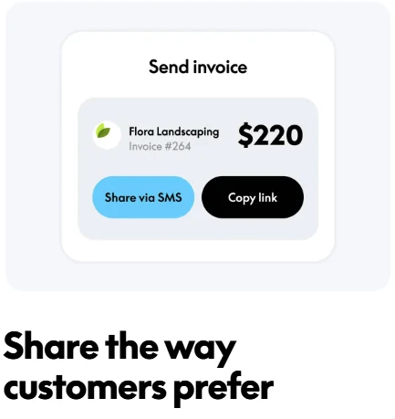 PayPal invoice sharing options showing Share via SMS and Copy link