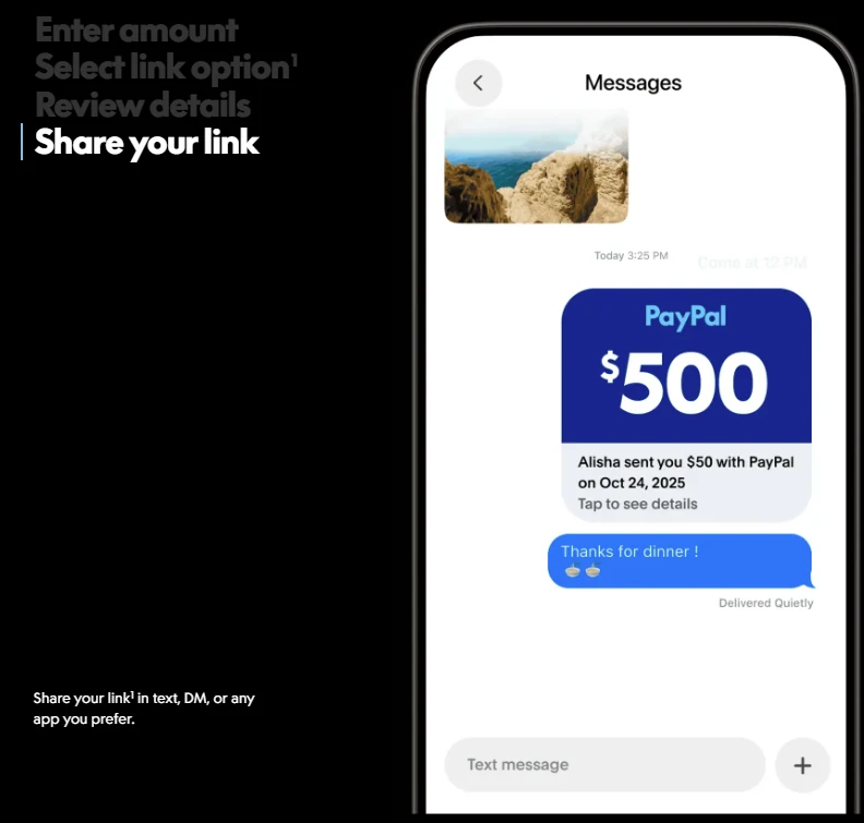 PayPal Link sharing example showing a sent payment notification in a messaging app