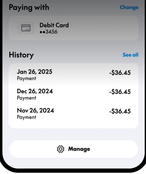 PayPal subscription details showing payment method, transaction history, and Manage button