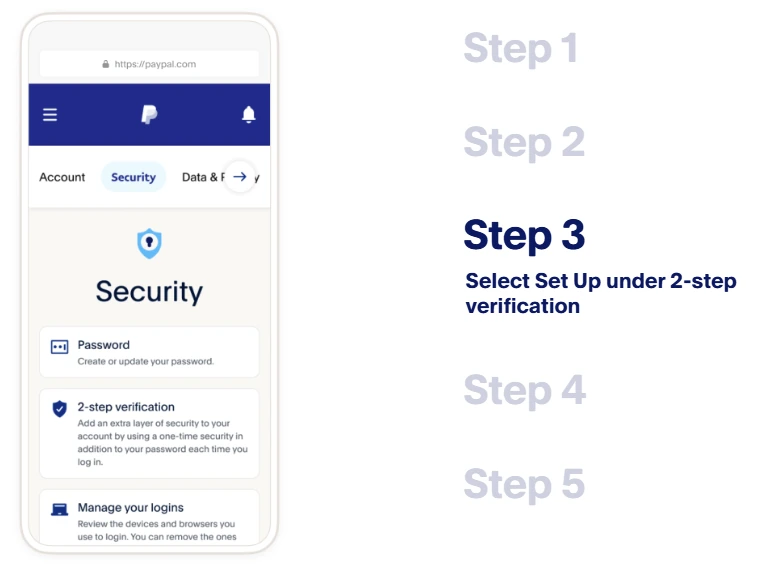 PayPal security settings showing how to set up two-step verification