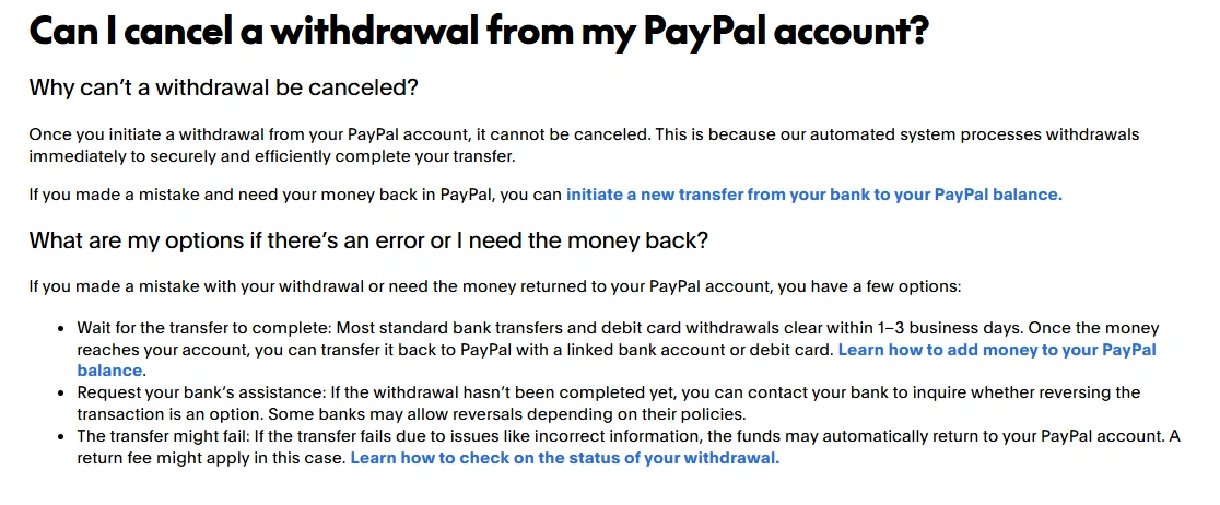PayPal withdrawal cancellation policy explaining why initiated transfers cannot be canceled and when a bank reversal may be possible.