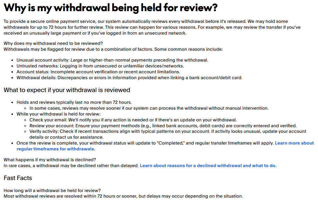 PayPal withdrawal review guidance explaining the typical 72-hour security review period and regular transfer processing after approval.