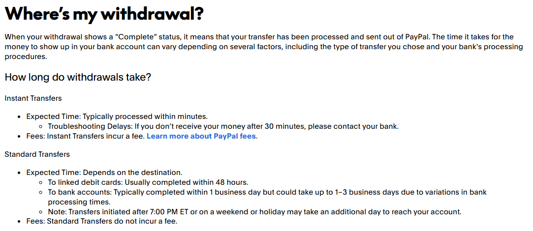 PayPal withdrawal timing guide comparing Instant and Standard transfers, including bank processing times and weekend or holiday delays.