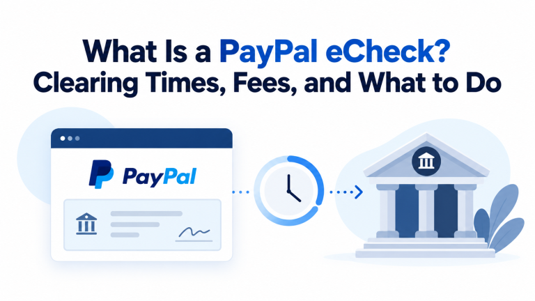 PayPal eCheck explained with an electronic bank payment, clearing time indicator, and bank transfer illustration.